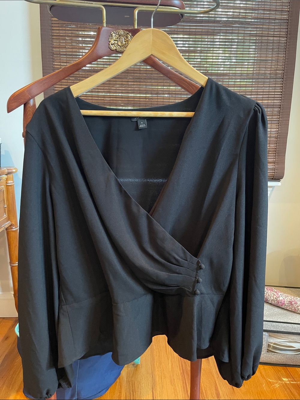 Ann Taylor Black Draped Wrap Blouse with side zipper